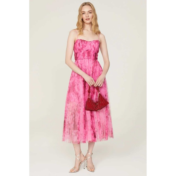 ML Monique Lhuillier Dresses & Skirts - ML Monique Lhuillier Pink Floral Pleated Strapless Midi Dress Size 2